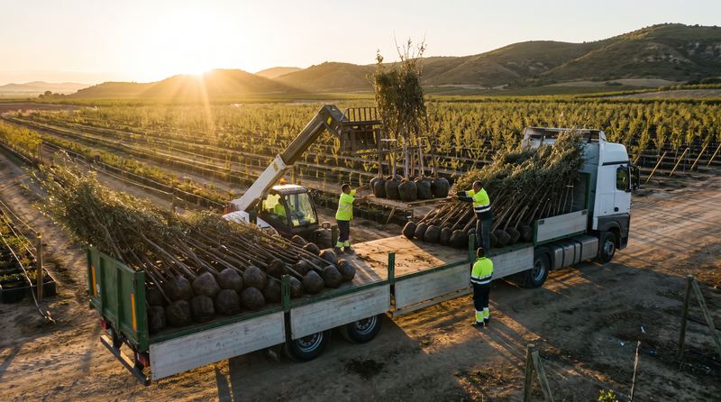 Carga profesional de plantas en camión de transporte